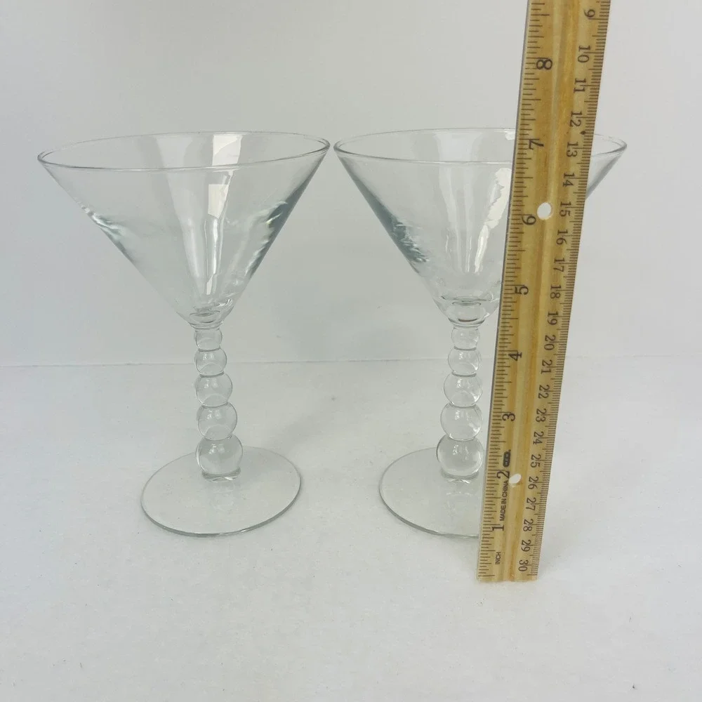 Set of 2 Clear Martini Glasses Stacked Ball Bubble Stem Cocktail Barware 7.25in